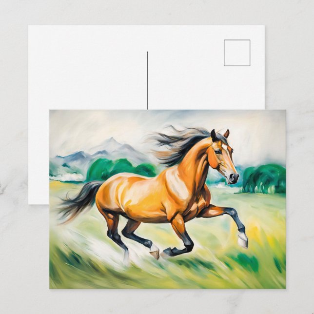 Braunes Pferd läuft über eine Wiese Postkarte (Vorne/Hinten)
