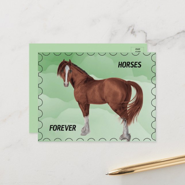 Braunes Pferd mit Briefmarke Postkarte (Vorderseite/Rückseite Beispiel)