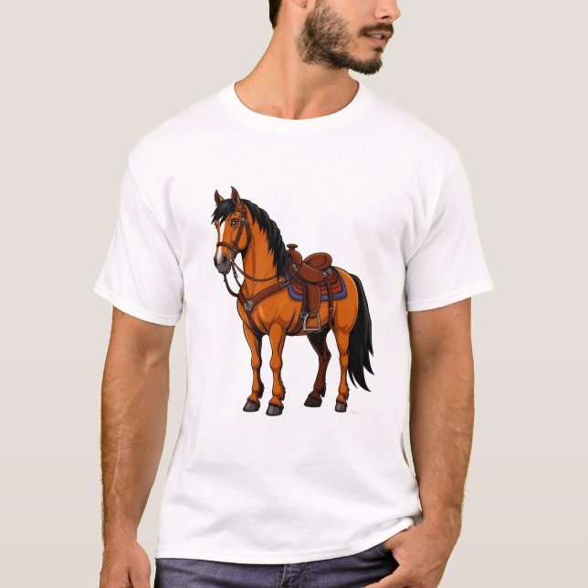 Braunes Pferd mit Sattel T-Shirt (Vorderseite)