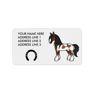 Braunes Piebald-Cartoon-Gypsy-Vanner-Shire-Pferd Adressaufkleber