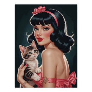Braunes Pin-Up mit süßem Kätzchen-Porträtposter Poster