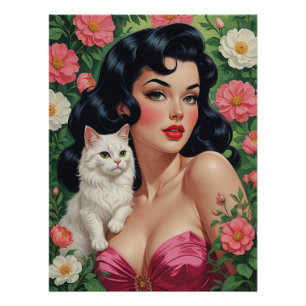Braunes Pin-Up mit süßem weißen Katzenposter Poster