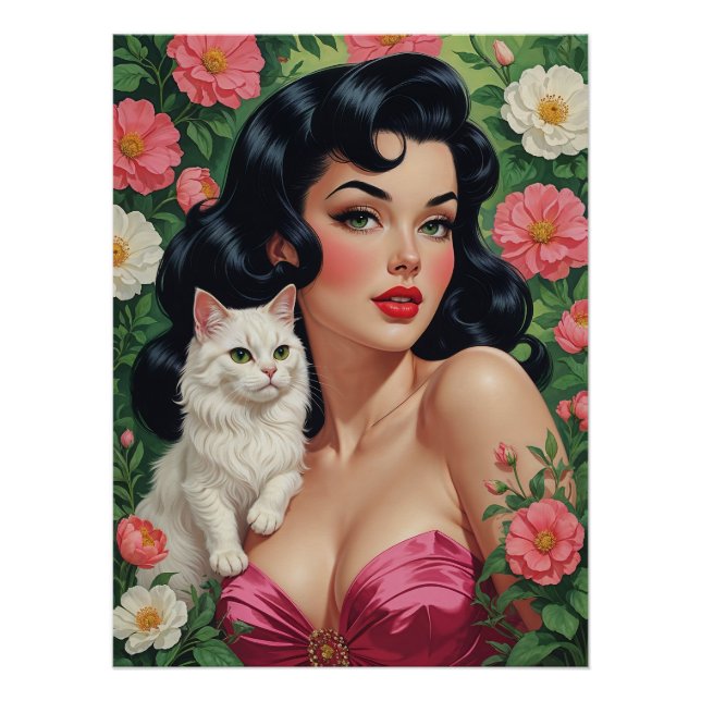 Braunes Pin-Up mit süßem weißen Katzenposter Poster (Vorderseite)