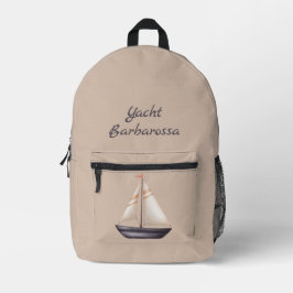 Braunes Segelboot und Name auf Beige Bedruckter Rucksack