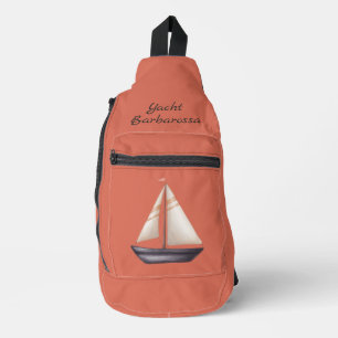 Braunes Segelboot und Name auf Rot Crossbody Bag