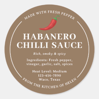 Braunes selbstgemachtes Habanero-Chili-Sauce-Glas- Runder Aufkleber