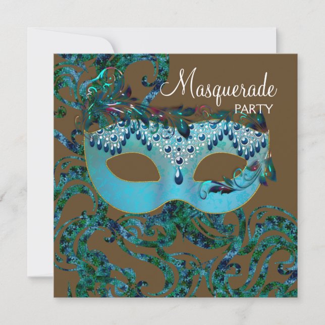 Braunes und Aquamarines blaues Masquerade Party Einladung (Vorderseite)