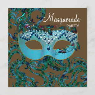 Braunes und Aquamarines blaues Masquerade Party Einladung