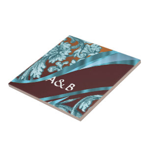 Braunes und blaues Damastmuster Fliese