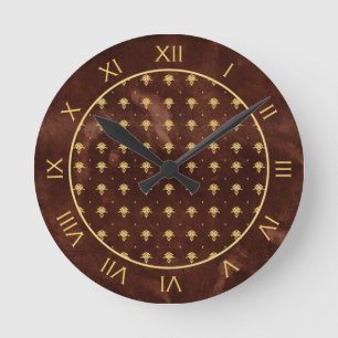 Braunes und goldenes Damast-Muster aus Vintage-Led Runde Wanduhr