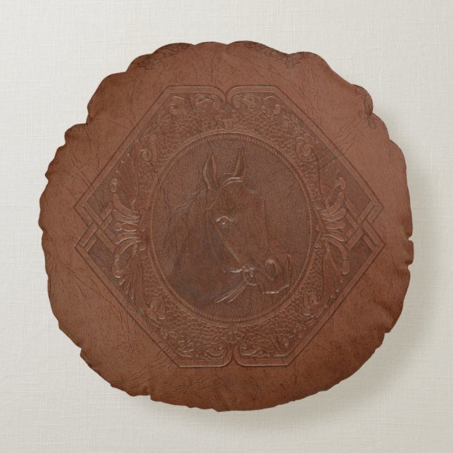 Braunes Vintages Leder gerahmter Pferdekopf Rundes Kissen (Vorderseite)