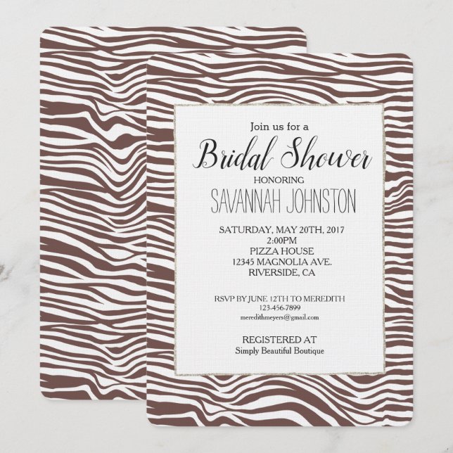 Braunes Zebra Print Stripes Brautparty Einladung (Vorne/Hinten)
