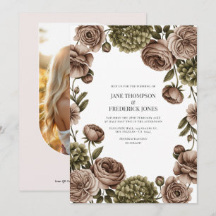 Braungrüne Aquarell-Blumenhochzeit Einladung
