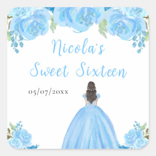 Braunhaar Prinzessin Blaue Blumen Sweet Sixteen Quadratischer Aufkleber