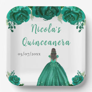 Braunhaar Prinzessin Grüne Florale Quinceanera Pappteller
