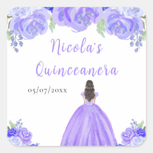Braunhaar Prinzessin Lila Floral Quinceanera Quadratischer Aufkleber