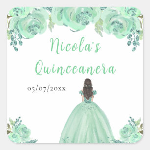 Braunhaar Prinzessin Mint Floral Quinceanera Quadratischer Aufkleber