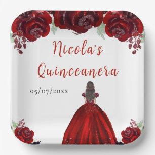 Braunhaar Prinzessin Rot Floral Quinceanera Pappteller