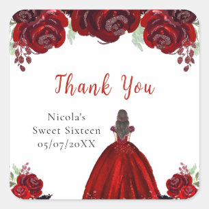 Braunhaar Prinzessin Rote Florale Sweet Sixteen Quadratischer Aufkleber