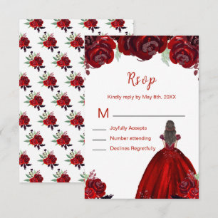 Braunhaarige Haarprinzessin rote Floral Quinceaner RSVP Karte