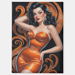 Braunhaarige Pin-Up im orangen Kleid Magnet