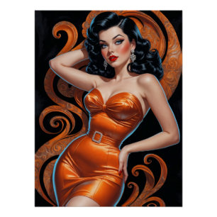 Braunhaarige Pin-Up im orangen Kleid Poster