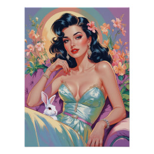 Braunhaarige Pin-Up mit Osterhasen Poster