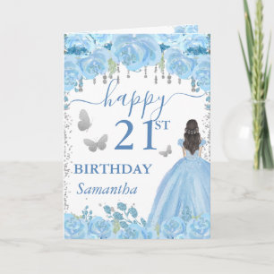 Braunhaarige Prinzessin Blaue Kleid Geburtstag Karte