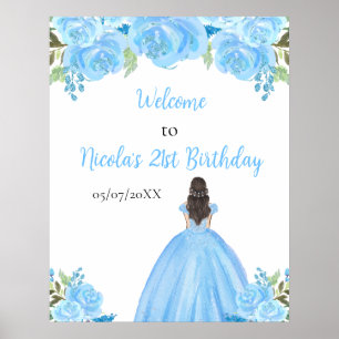 Braunhaarige Prinzessin Blaues Blumen Geburtstags Poster