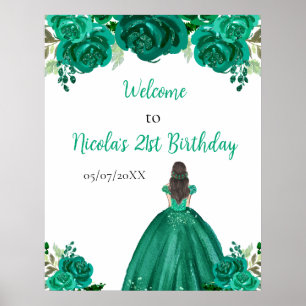 Braunhaarige Prinzessin Grüne Blumen Geburtstags-W Poster