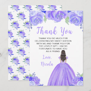 Braunhaarige Prinzessin Lila Blumen Sweet Sixteen Dankeskarte