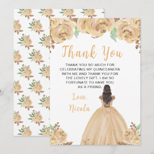 Braunhaarige Prinzessin Peach Florale Quinceanera Dankeskarte