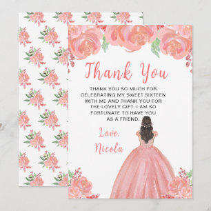 Braunhaarige Prinzessin rosa Blumen Sweet Sixteen Dankeskarte