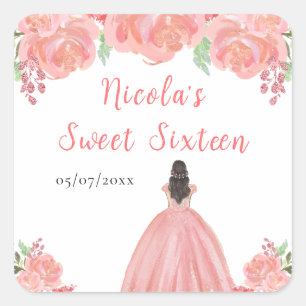 Braunhaarige Prinzessin Rosa Blumen Sweet Sixteen Quadratischer Aufkleber