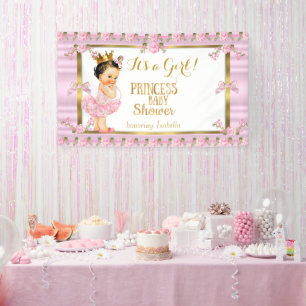 Braunhaariges Mädchen Prinzessin Baby Shower Pink  Banner