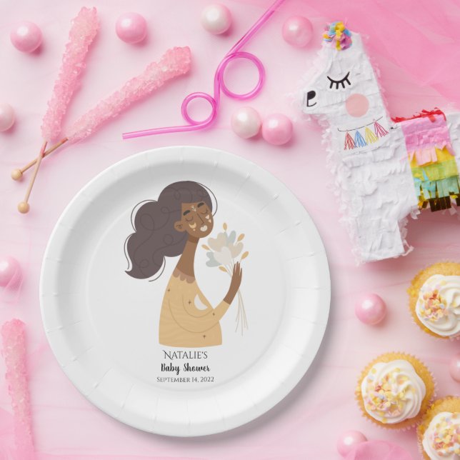 Braunhäute Boho Frau mit Herzbukett Pappteller (Party)