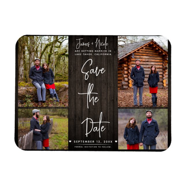Braunholz Rustikale 4 Fotos Save the Date Hochzeit Magnet (Horizontal)
