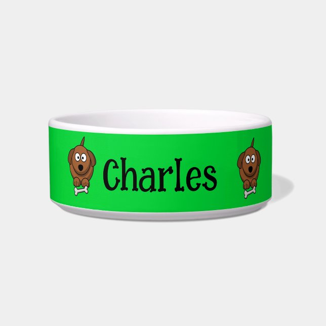 Braunhund mit Knochen, auf grün personalisiert Napf (Vorderseite)