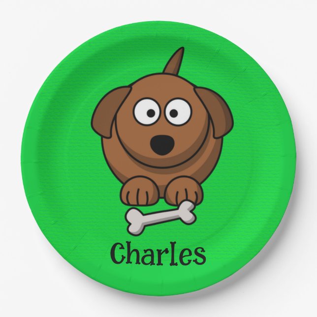 Braunhund mit Knochen, auf grün personalisiert Pappteller (Vorderseite)