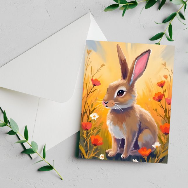 Braunkaninchen-Blumenfeld-Tiermalerei-Karte (Von Creator hochgeladen)