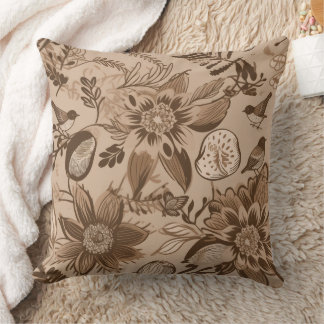 Bräunliches Florales und Vögel Kissen