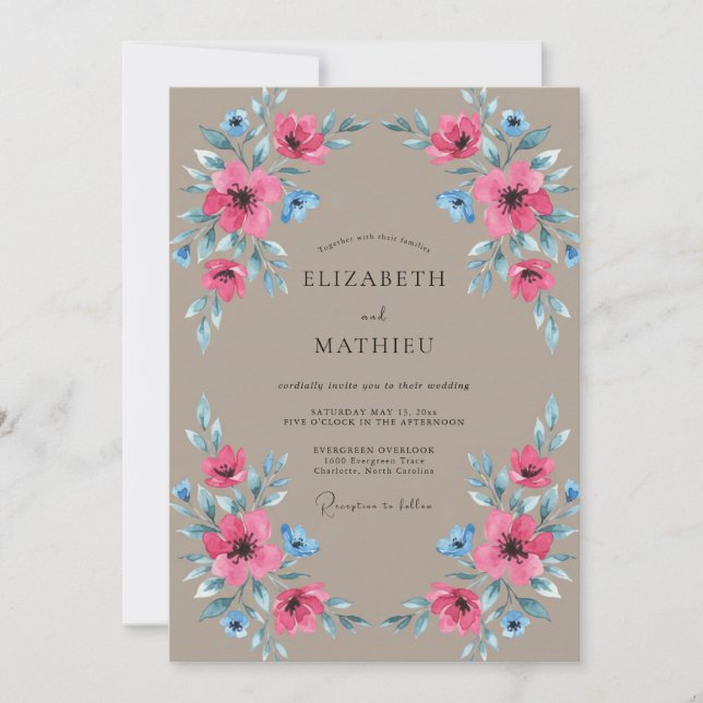 Braunmagenta Mohn Hochzeit Einladung (Vorderseite)