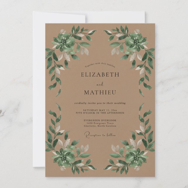 Braunolivgrüne Hochzeit Einladung (Vorderseite)