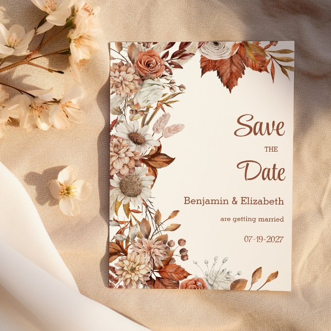 Braunorange Flora Save the Date Einladung (Brown white orange fall flora rustic Save the Date)