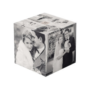 Braunquadrat-Paarname-Monogramm 8 Foto-Hochzeit Würfel