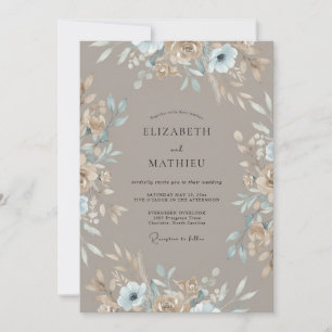 Braunrosa gedämpfte Blaue Blatt-Hochzeit Einladung