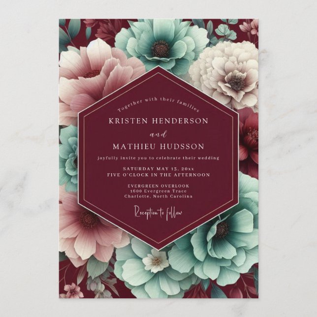 Braunrote und Türkisgrüne Herbstblüten-Hochzeit Einladung (Vorderseite)