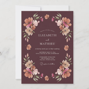 Braunrote Wasserfarben-Hochzeit mit floralen Motiv Einladung