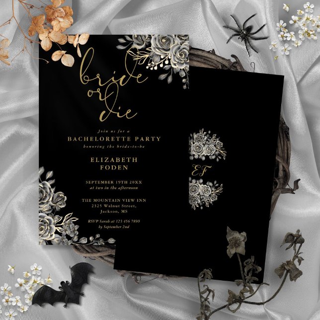 Bräunung oder Die Schwarz-Gold-Gothic-Junggeselinn Einladung (Bride Or Die Black Gold Gothic Bachelorette Party Invitation)