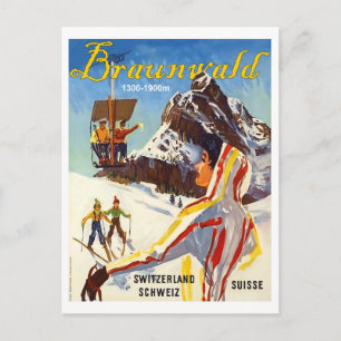 Braunvald, Schweiz Berge, Menschen auf Skiern Postkarte